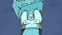 a cartoon drawing of a gorilla laying on a blue box
