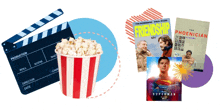 a bucket of popcorn sits next to a movie clapper board and a movie poster for friendship