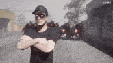 a man with his arms crossed stands in front of a group of monsters with a luma logo in the background