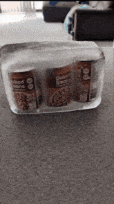 two cans of baked beans are in a container of ice