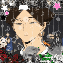a picture of a man with a cat and a butterfly surrounding him