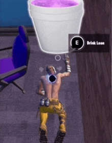 a man is standing next to a cup of lean .