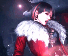 a woman in a red coat with a fur collar is standing in a dark room