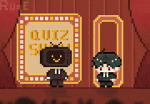 a pixel art drawing of a quiz show with two characters