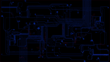 a computer circuit board with red and blue lines and circles