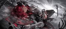 a girl with red hair is laying down in a dark room