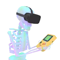 a skeleton wearing an oculus headset holds a game boy