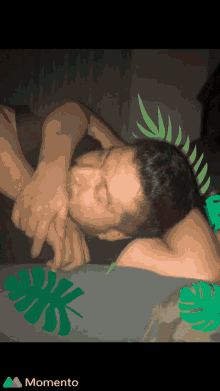 a man laying on a bed with a green leaf behind him and the word momento on the bottom
