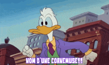 a cartoon character says nom d' une cornemuse in front of buildings