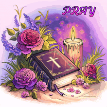 a painting of a bible surrounded by flowers and candles with the word pray written above it