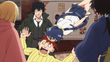 a cartoon of a girl being held upside down by a group of people