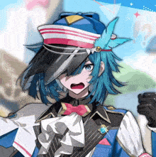 a girl with blue hair is wearing a blue hat