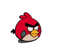 a red angry bird with a yellow beak is holding a microphone