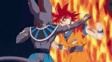 a cartoon character is fighting another cartoon character in front of a fire .