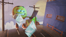 a cartoon character is holding a laptop and throwing papers in the air