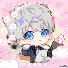 a picture of a boy with cat ears and a cat on a pink background