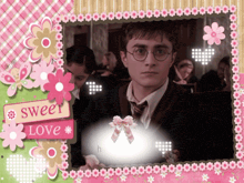 a picture of harry potter is surrounded by pink flowers and a sign that says sweet love