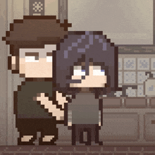 a pixel art drawing of a man and a girl standing next to each other