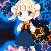a little girl in a blue dress with a red bow