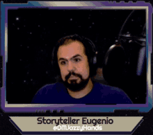 a man with a beard wearing headphones and the name storyteller eugenio on the bottom