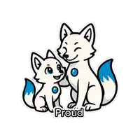 a sticker of two white foxes with the word proud on it