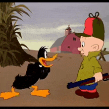 a cartoon character is holding a gun next to a duck .