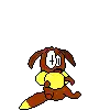 a pixel art drawing of a brown dog holding a yellow ball in its mouth .