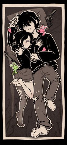a drawing of a boy and a girl laying on a bed with a gun