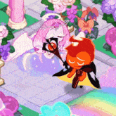 a couple of cartoon characters are standing next to each other on a brick walkway .