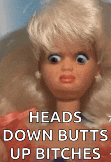 a picture of a barbie doll with the words heads down butts up bitches