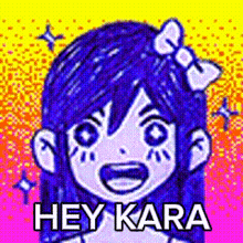 a cartoon of a girl with blue hair and a bow on her head .