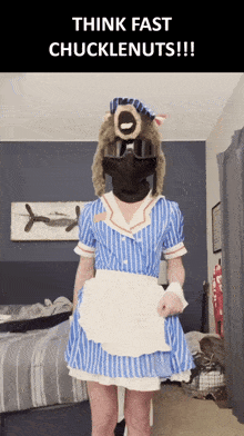 a person dressed as a waitress with the words think fast chucklenuts written on the bottom