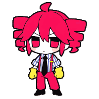 a cartoon character with red hair is wearing a blue and white striped shirt and suspenders
