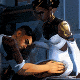 a man and a woman are standing next to each other and the woman is wearing a white dress