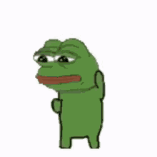 a green frog is standing on its hind legs with its mouth open .