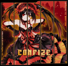 a girl in a red and black dress with the word confize on the bottom right