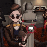 a man in a suit and bow tie holds a book