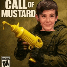a young boy is holding a yellow gun with mustard pouring out of it .