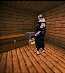 a man in a hoodie stands in a wooden room