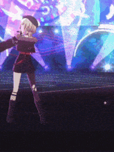 a girl in a beret is dancing on a stage with a sign that says ' a ' in the background