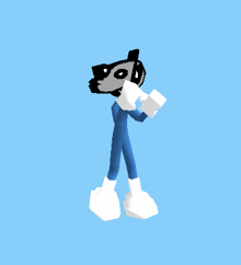 a cartoon character is flying in the air with a blue background