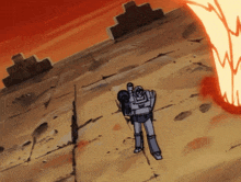 a robot with a camera on his back stands in front of a fireball