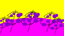 a drawing of purple circles on a pink and yellow background
