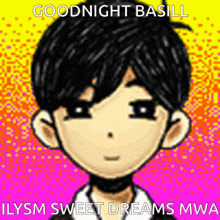 a cartoon of a boy with a choker around his neck and the words `` goodnight basill '' written on it .