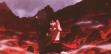 a person is standing in front of a large explosion in a video game with a purple background .