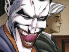 a cartoon of the joker with his tongue out and a man in a suit behind him