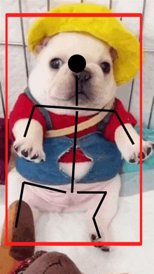 a dog wearing overalls and a yellow hat has a skeleton drawn around its body