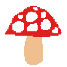 a pixel art drawing of a mushroom with a red hat and white spots