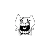 a black and white drawing of a cat with its mouth open and a smiley face .