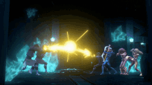 a group of people are fighting each other in a dark room with a light coming out of the ceiling